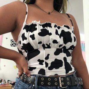 Cow print lettuce trim tank top